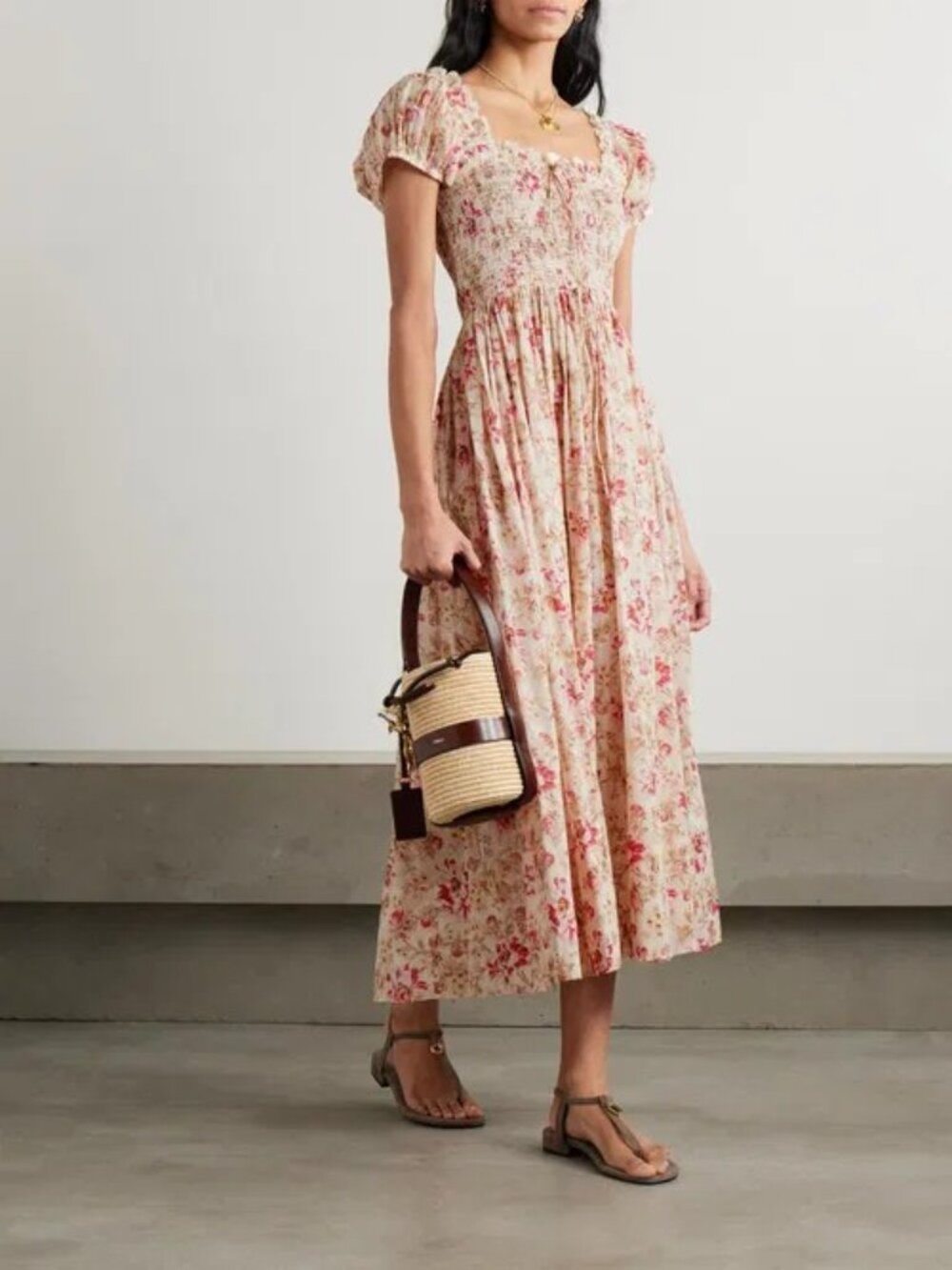 Doen Stanza Floral Midi Dress in Cream and Pink
